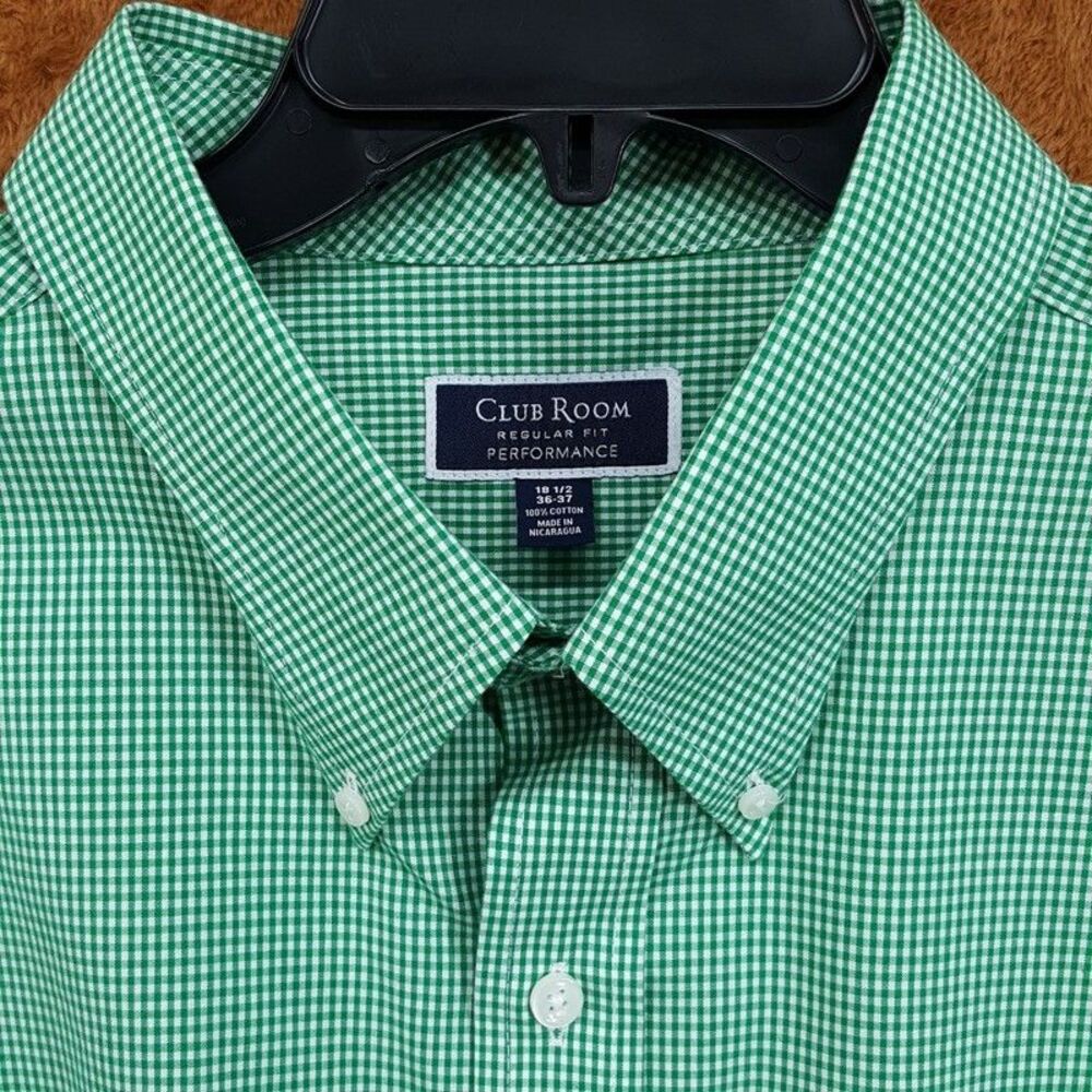 CLUB ROOM Dress Shirt Mens Size 18.5 36 37 Green Gingham Check Regular Fit